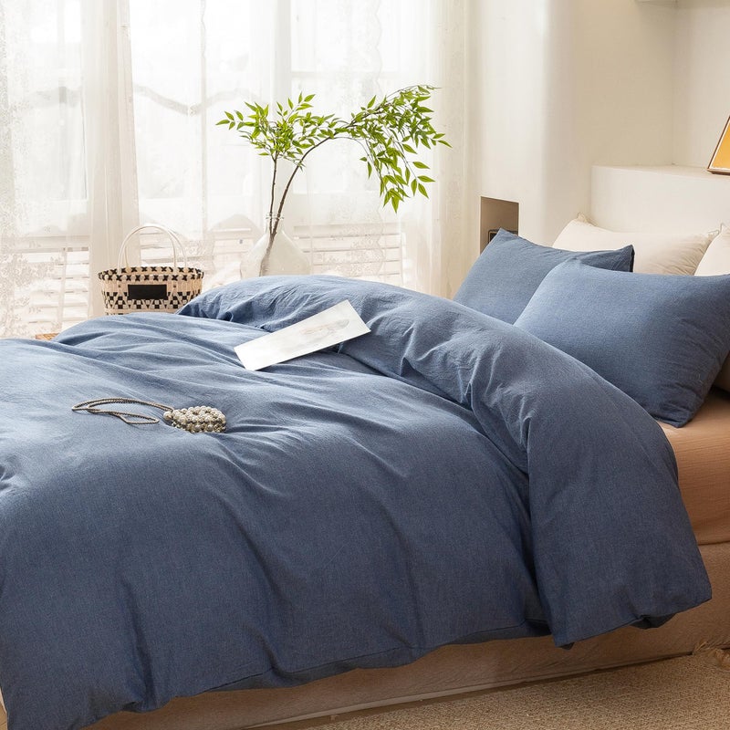 ECOCOTT Denim Blue Duvet Cover King Size, 100% Washed Cotton 1 Duvet Cover with Zipper and 2 Pillowcases, Ultra Soft and Easy Care Breathable Cozy Bedding Set (Denim Blue, King) - Image 5